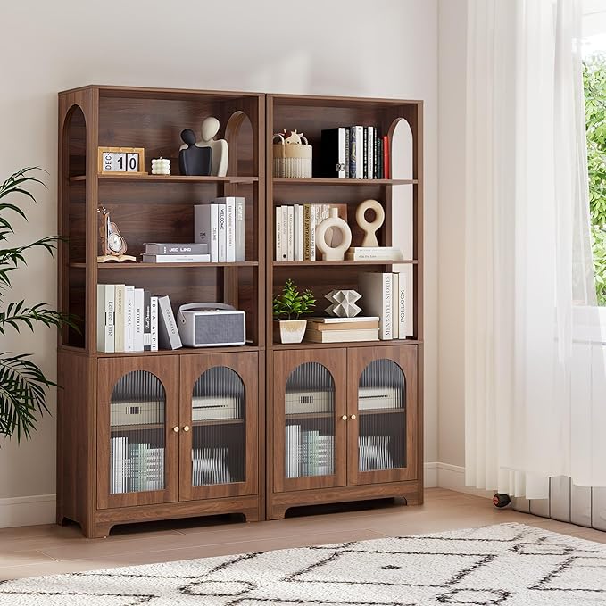 RARZOE Set of 2 Bookshelves and Bookcases, 5-Tier Arched Bookshelf with Glass Doors, Floor Standing 5 Shelf Book case, Wood Display Cabinet Storage Organizer for Living Room, Bedroom, Office(Walnut)