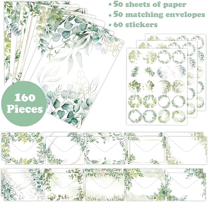 160 Packs Stationery Paper and Envelopes Set 10 Different Designs, 50 One Sided Stationery Writing Papers with 50 Matching Envelopes and 60 Round Dot Sticker, 5.5 x 8.25 Inch (PineLeaf)