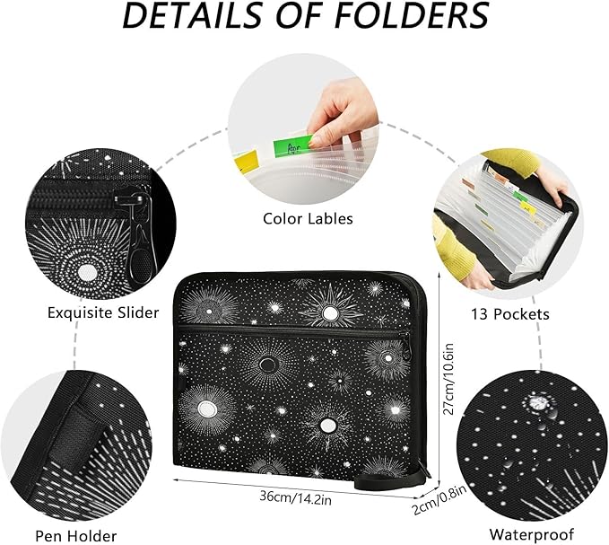 Dark Black Sun Expanding File Organizer with 13 Pockets Accordion File Folders with Labels,Portable Document Paper Bill Receipt Organizer,Home College School Office Supplies, Letter Size