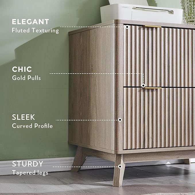 T4TREAM 2 Drawer File Cabinet, 31.8" W Fluted Lateral File Cabinet w/Files Hanging Rod for Letter/Legal/A4, Large Tabletop for Printer, Office Wood Printer Cabinets, Alder Grey (Gen 2)