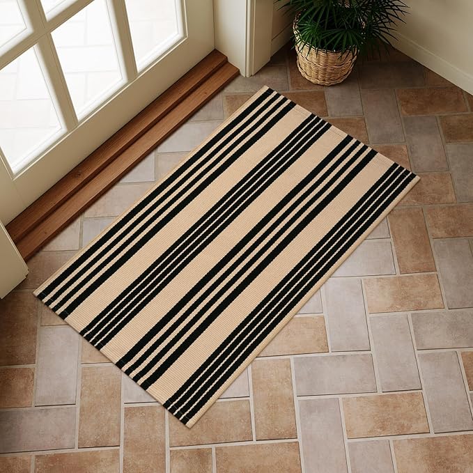 OJIA Christmas Front Door Mat Outdoor 24''x35'' Washable Front Door Rug Entry Rug Indoor Outdoor Rugs Holiday Doormat Cotton Woven Striped Small Area Rugs for Porch/Bathroom/Farmhouse/Home Entrance