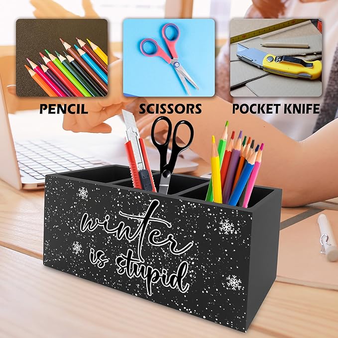 Funny Black Christmas Pen Pencil Holder Organizer for Desk, Winter Is Stupid Winter Snowy Xmas Snowflake Wooden Box Signs Decorations for Home Office Desk Tabletop