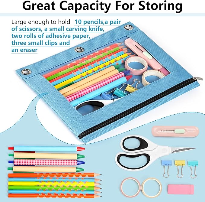 Forvencer 6Pack Pencil Pouches for 3 Ring Binder, Smooth Zipper 3 Ring Binder Pencil Pouch, Multi-Color Pencil Case for Binder, Clear Top Binder Pencil Pouch, Pencil Bag with 3 Re-enforced Grommets