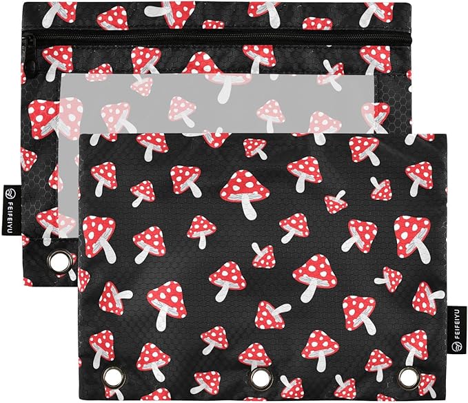 ALAZA Pencil Pouch for 3 Ring Binder, Cartoon Forest Red Mushrooms Binder Pencil Pouches with Clear Window Zipper Pencil Case Cosmetic Bags for Office College Supplies, 2PCS