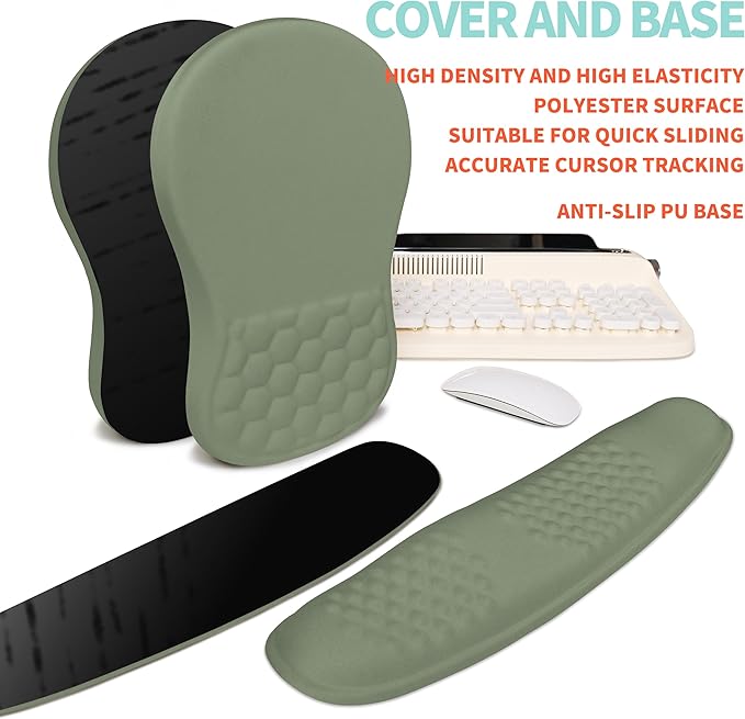 2-in-1 Ergonomic Set, Wave Rise Keyboard Wrist Rest and Massage Bulge Slope Mouse Pad Wrist Support, Cushion Memory Foam Integrated to Relieve Wrist Pain, Olive Green