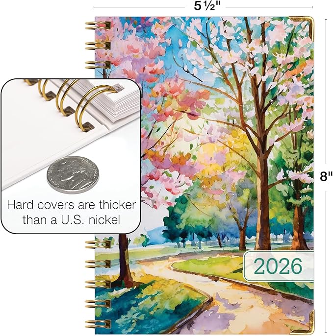 HARDCOVER 2026 Planner, 5.5"x8": 14 Months (November 2025 - December 2026), Daily Weekly Monthly Planner, Yearly Agenda, Bookmark, Pocket Folder and Sticky Note Set (Watercolor Tree)