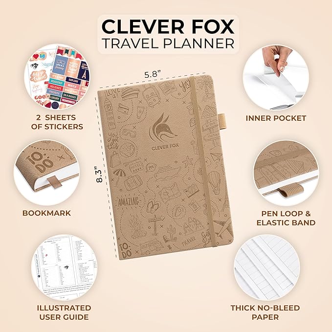 Clever Fox Travel Journal – Vacation & Trip Organizer with Budget Plan, Packing List, Travelling Expense Tracker, A5 (Sandstone)