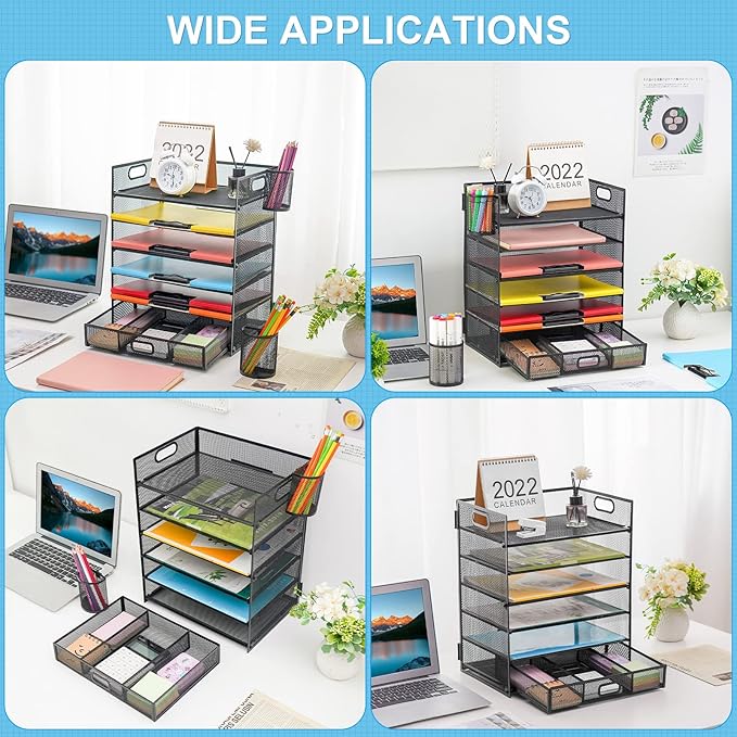 Lavatino 6-Tier Paper Organizer Letter Tray with Drawer - Mesh Desk File Paper office Supplies Sorter Organizer for Office, Home or School File Folder Holder - Black