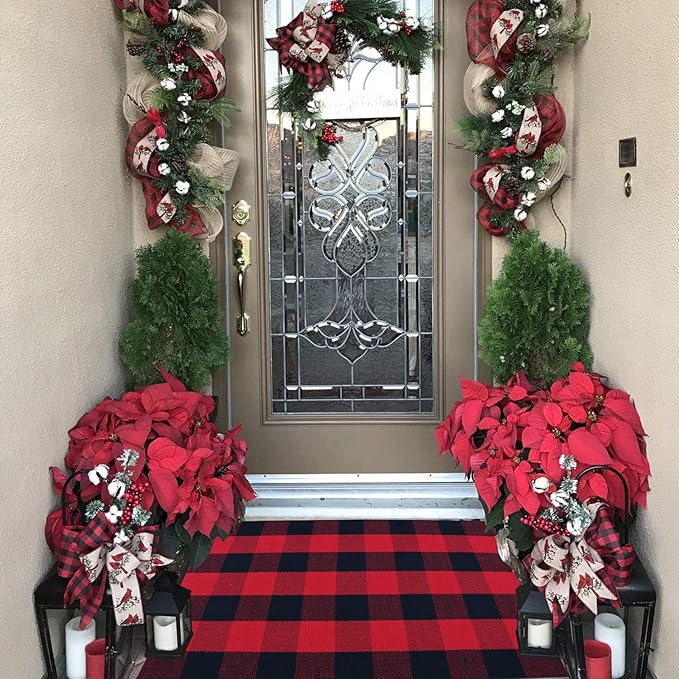 Red and Black Plaid Rug, 2'4" x 3'7" Check Outdoor Front Door Decorative Mat, Cotton Woven Rug for Layered Door Mats Washable Carpet for Porch, Entryway, Farmhouse, Christmas, Halloween