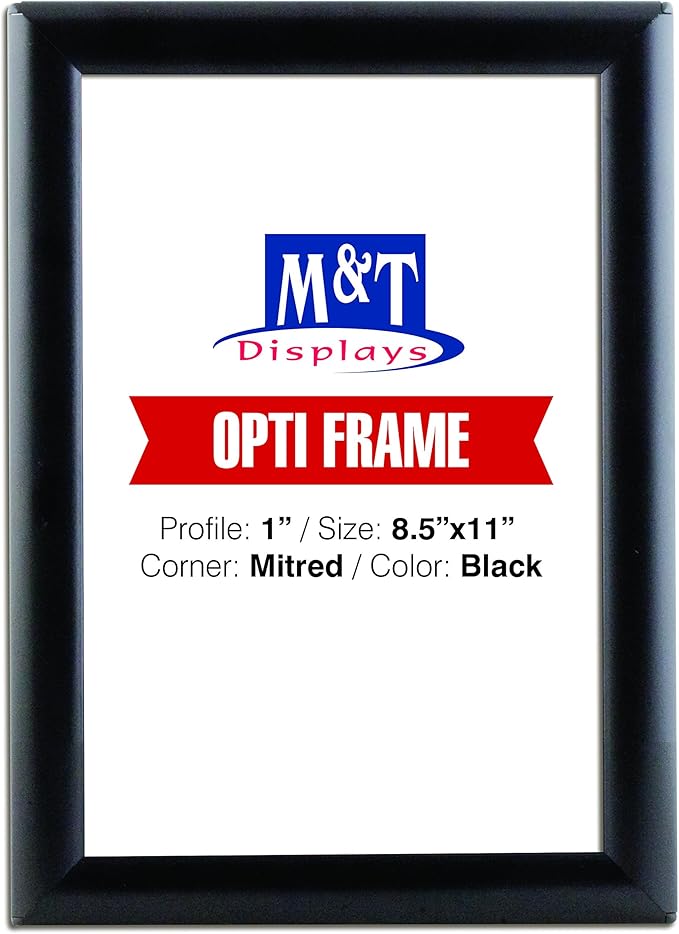 M&T Displays Opti Snap Poster Frame 8.5x11 Inch Black 1" Aluminum Profile Front Loading Wall Mounting Photo Picture Document Certificate Sign Holder Mitered Corner Anti Glare Cover