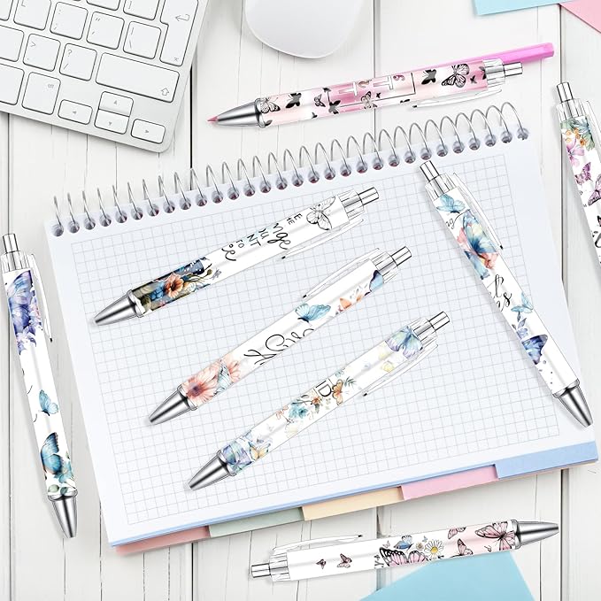 Butterfly Print Ballpoint Pens - 24PCS Kawaii Butterfly Pens Set Retractable Positive Affirmation Pens Smooth Writing Pens for Office Stationery Home School Supplies for Women Teacher Gifts