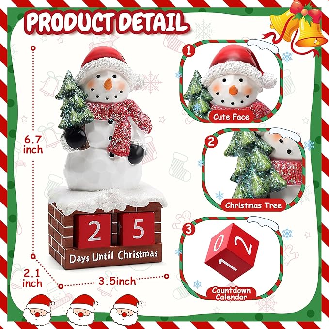 Snowman Statue for Christmas Decorations-Days Until Christmas Countdown Calendar,Xmas Snowman Figurines Decor for Shelf Table Mantel,Winter Holiday Home Decorations Indoor,Xmas Gifts