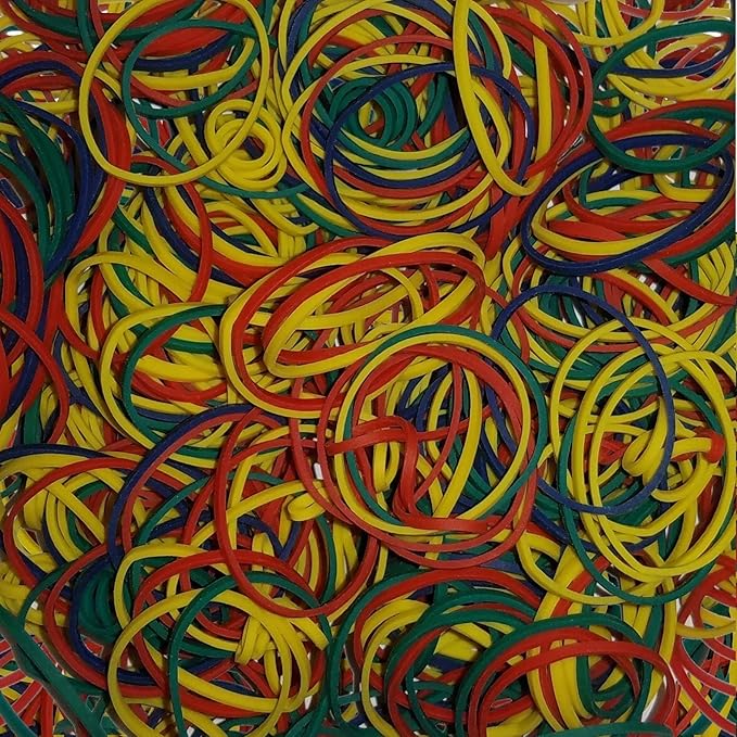 200, Jumbo Size, Rainbow Colors, US Made Rubber Hair Bands for Pony Tails and Braids In A Clamshell. Rainbow Mix Consists of Yellow, Red, Orange Green and Blue Rubber Bands.