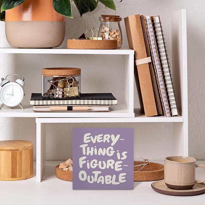 Inspirational Purple Office Decor, Every Thing is Figure Outable Motivational Office Accessories Wooden Box Sign, Inspirational Gifts for Women, Men Wall Desk Shelf Tabletop Decoration 6x6In