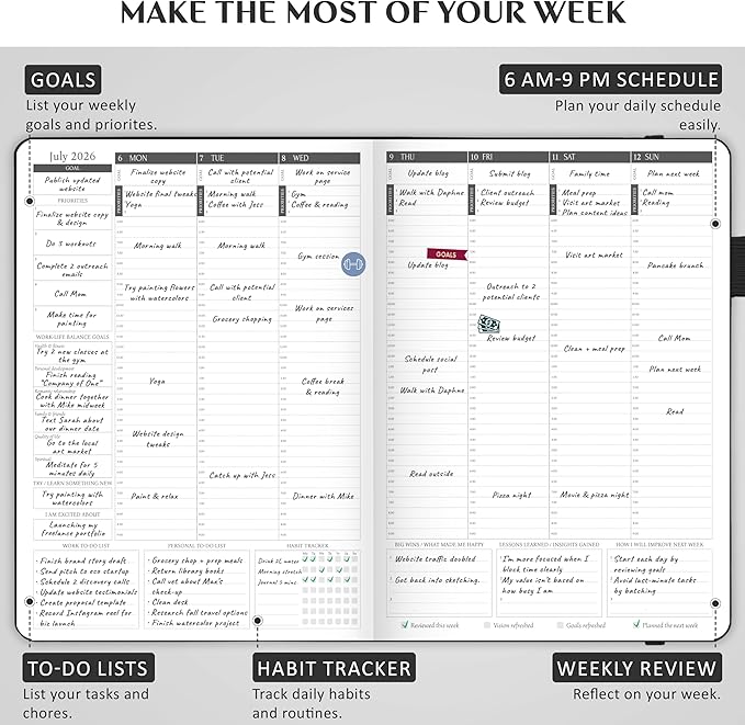 Legend Hourly Schedule Planner PRO Dated Jan 2026-Jan 2027 – Deluxe Weekly & Daily Organizer with Time Slots. Appointment Book Journal for Work & Time Management, A4 Hardcover, Black