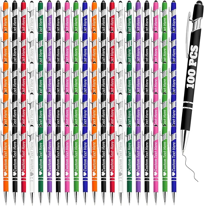 Personalized Pens Bulk 100 with Name Custom Engraving Ballpoint Pens with Stylus Tip Customized Smooth Writing Pens Personalized Gifts for Anniversary Birthday or Graduation(Assorted,Black Ink)