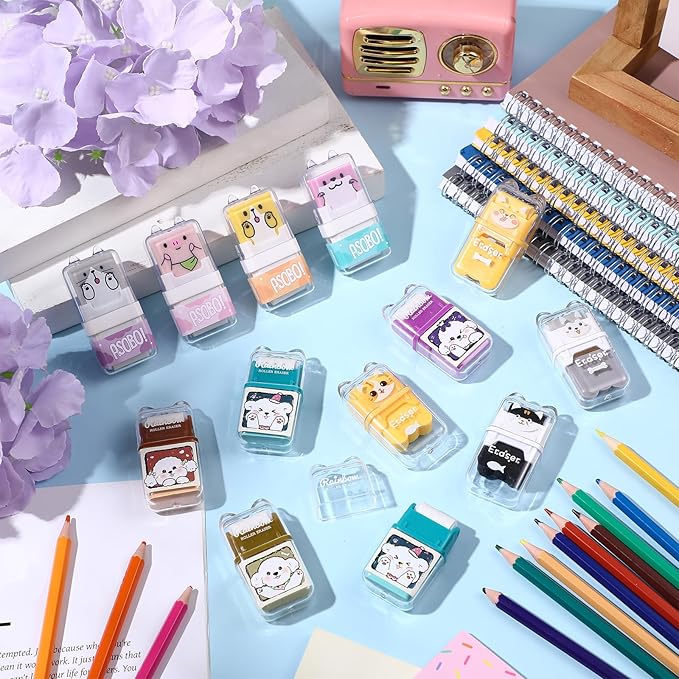 Seajan 44 Pcs Erasers for Kids Gift Bulk Cute Animal Themed Pencil Eraser with Clean up Roller for School Party Christmas Favors (Cute)