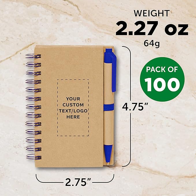 Custom Mini Spiral Notebooks with Black Ink Pens Set of 100, Personalized Bulk Pack - Perfect for School, Office, Business, Home - Blue