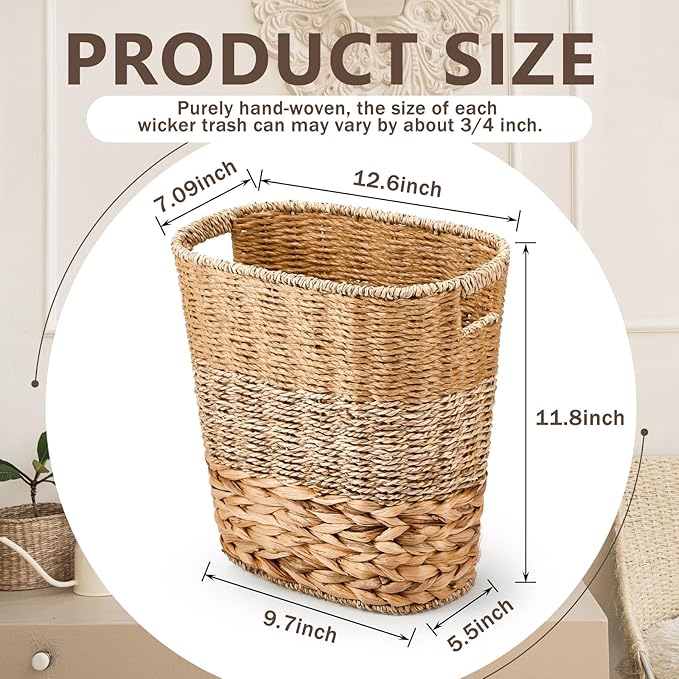 2 Pcs Wicker Trash Can with 50 Small Trash Bag Wicker Waste Woven Basket with Handles Clear Multi Use Garbage Bags for Bathroom Kitchen Bedroom