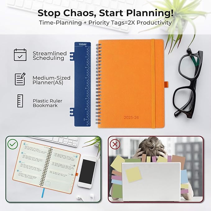 Planner 2025-2026 Daily Weekly and Monthly,11.5"x8.5",18 Months Spiral Bound Calendar Agenda with Self-adhesive Pen Holder,2026 Academic Plan with Vegan Leather Soft Cover,Orange