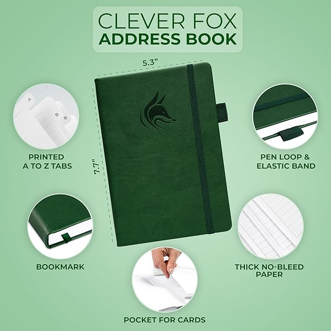 Clever Fox Address Book with alphabetic tabs - PU Leather Telephone and Address Book for Keeping Contacts Safe, Contact Organizer Journal, Medium Size (5.3″ x 7.7″) Hardcover, Forest Green