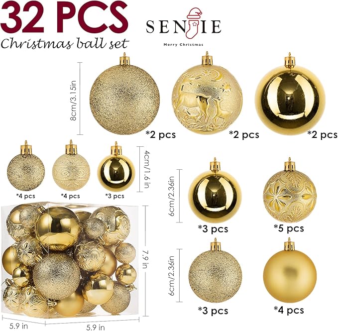 Senjie Gold Shatterproof Christmas Ball Ornaments, 32 Pcs, Plastic, Hanging, Christmas, Wedding