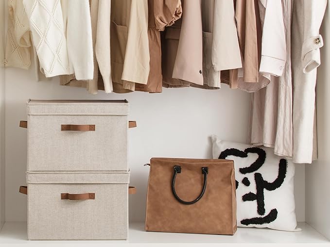 StorageWorks Fabric Storage Bins with Lid, Decorative Storage Boxes for Shelves, Stackable Closet Organizer Basket with Handles, Large, Brown and Beige, 2-Pack