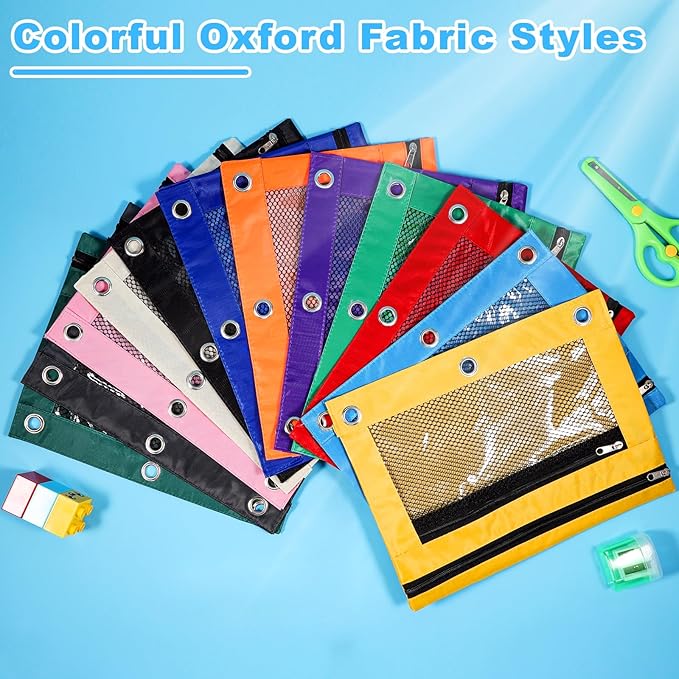 12PCS Pencil Pouches for 3 Ring Binder, 10"x7.5" Zippered Binder Pouch, Double Layer Clear PVC & Mesh Pencil Bags, 12 Colors (2 Each) for School, Office, Travel & Home Organization