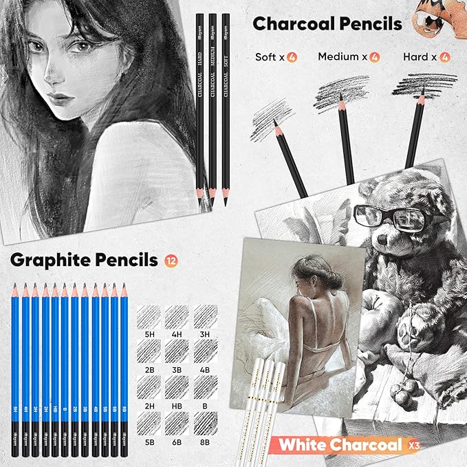iBayam 78-Pack Drawing Set Sketching Kit Art Supplies for Adult Kids, Christmas Gifts for Teen Girls, with 3-Color Sketchbook, Coloring Book, Colored, Graphite, Charcoal, Watercolor & Metallic Pencil