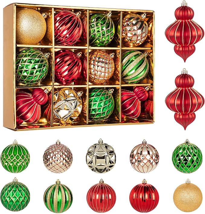 4" Christmas Ball Ornaments Set 12PCS Large Shatterproof Plastic Ornaments Christmas Tree Ball Hanging Ornaments for Xmas Tree Wedding Party Holiday Decorations - Red, Green, Gold