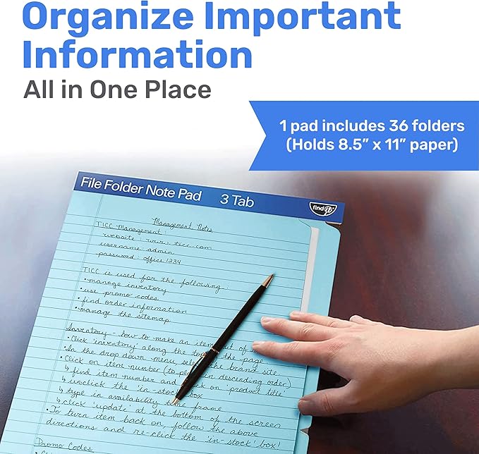 Find It File Folder Notepad - Pack of 36-9.5 x 12.5 Inch Notebook Organizer Folders for Filing, Document, and Clipboard Organization - Blue