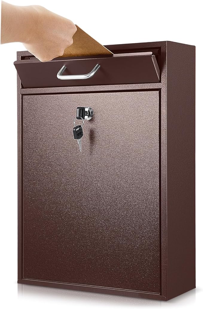 Locking Mailbox with Key for Outdoor 16.2 x 11.2 x 4.7 Inches Large Wall Mount Mail Box with Lock Security Mail Drop Metal Collection Boxes Hanging Secure Postbox(Brown)