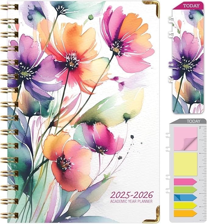 HARDCOVER Academic Year 2025-2026 Planner: (June 2025 Through July 2026) 5.5"x8" Daily Weekly Monthly Planner Yearly Agenda. Bookmark, Pocket Folder and Sticky Note Set (Rainbow Floral)