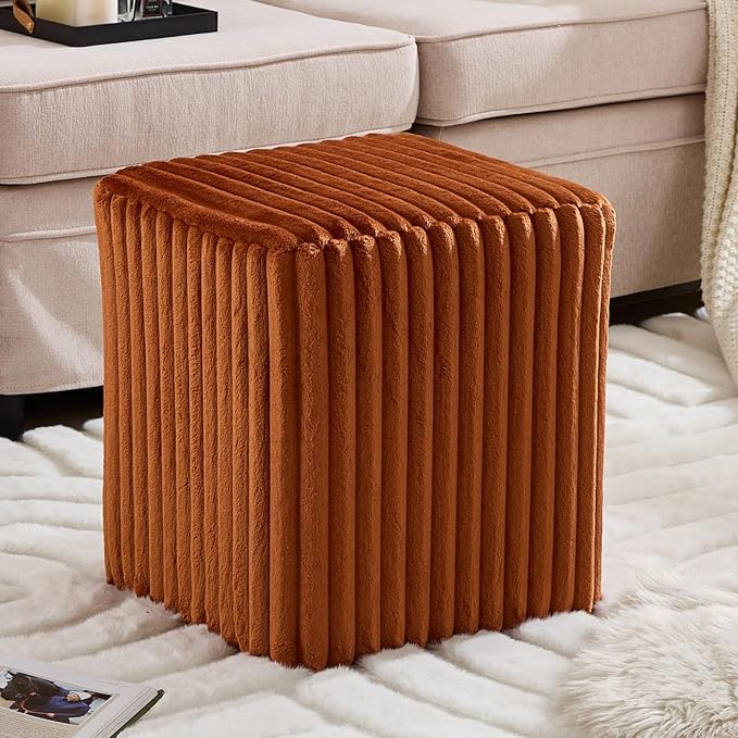 Modern Square Ottoman, Vertical Channel Tufted Foot Stool Ottoman, Velvet Upholstered Vanity Stool for Makeup, Bedroom, Living Room, Dark Orange