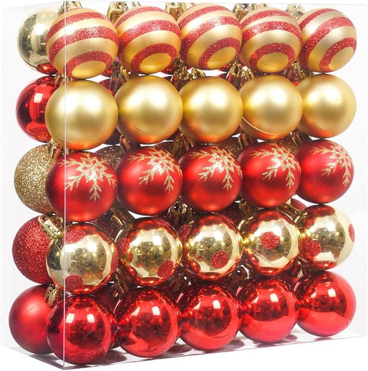 XmasExp 50ct Mini Vintage Christmas Ornaments Set Red and Gold Classic Retro Shatterproof Balls 1.57 Inch Christmas Decorations