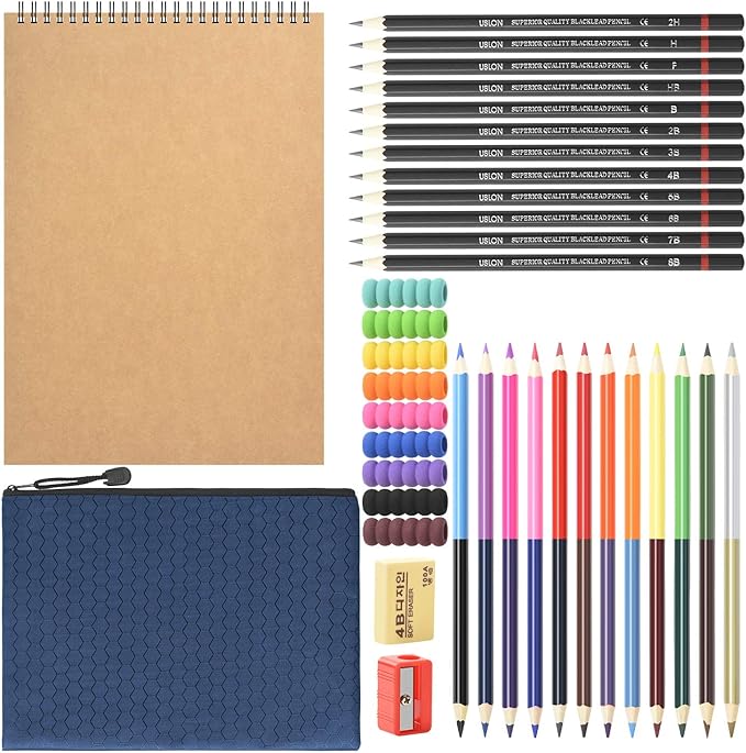 HomeMall Drawing Sketching Pencils Set, 37 Packs Art Kit with Sketchbook Draw Pencils Dual Ended Color Pencil Eraser Sharpener Pencil Bag for Kids Adults and Art Beginners…