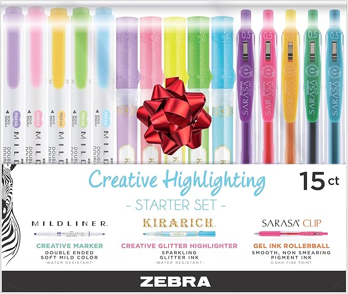 Zebra Pen Creative Highlighting Starter Set 15-Pack, Includes 5 Kirarich Highlighters, 5 Mildliner Creative Markers, and 5 Sarasa Clip Retractable Gel Pens, Assorted Ink Colors (76015)