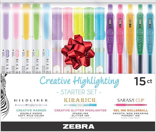 Zebra Pen Creative Highlighting Starter Set 15-Pack, Includes 5 Kirarich Highlighters, 5 Mildliner Creative Markers, and 5 Sarasa Clip Retractable Gel Pens, Assorted Ink Colors (76015)