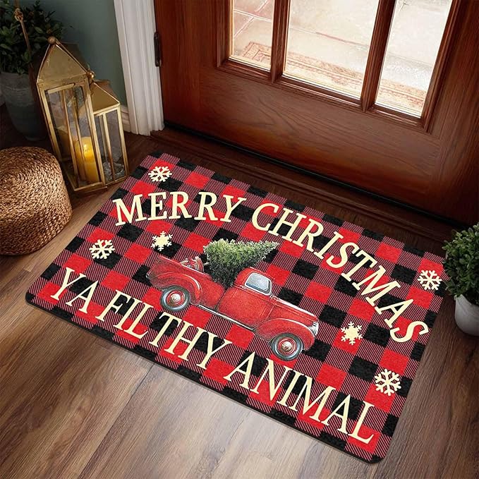 InterestPrint Merry Christmas Buffalo Plaid Truck Doormat, Red Plaid Door Mats with Non-Slip Backing Welcome Matt Outdoor Non Slip Rubber Entry Doormat Entrance Mat, 16" x 24" Inch