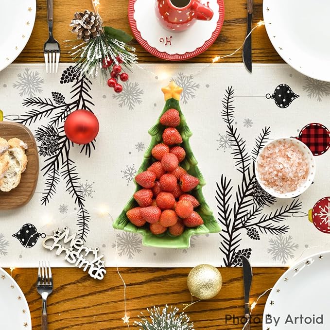 Artoid Mode Red Pine Trees Merry Christmas Table Runner, Winter Xmas Holiday Kitchen Dining Table Decoration for Home Party Decor 13x120 Inch