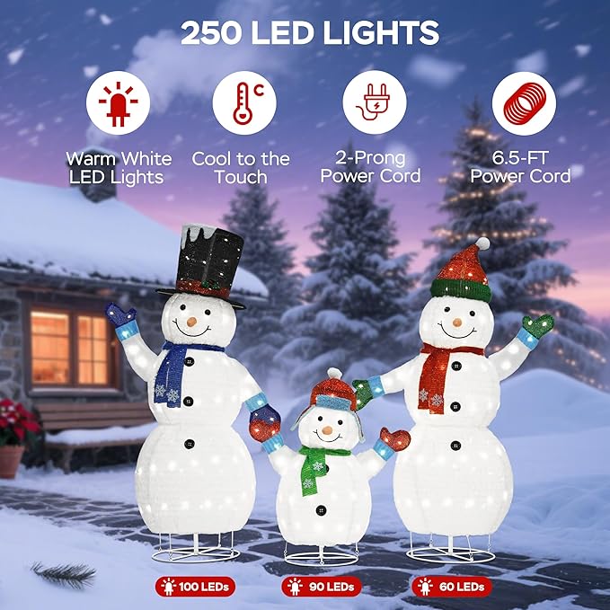62"/60"/35" Large 3D Pop-Up Snowman Set, Lighted Snowman Family Outdoor Christmas Decor with 250 Warm White LEDs, Ground Stakes, Holiday Lawn Yard Garden Decorations, Set of 3