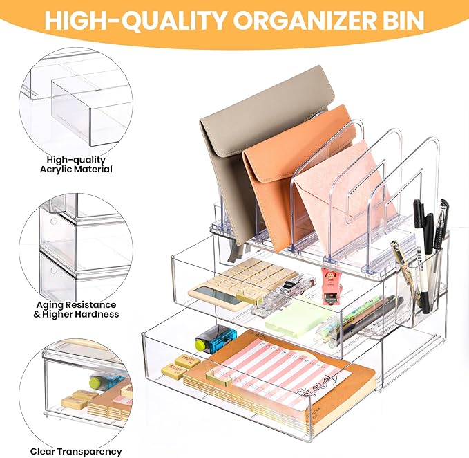 Acrylic Desk Organizer Set, 2 Pack Stackable Drawer Organizer with 4 Vertical File Sorter and 2 Pen Holders, Desktop Storage for Files, Letter, Documents, Office Supplies, Desk Accessories