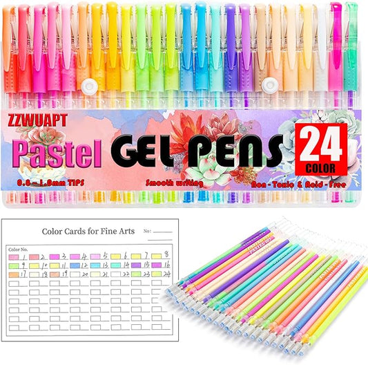 Pastel Gel Pens for Coloring Book,72 Color Gel Pens Set including 24 Color Gel Pen with 48 Refills,40% More Ink Colored Gel Pens for Drawing, Doodling, Scrapbook, Journaling