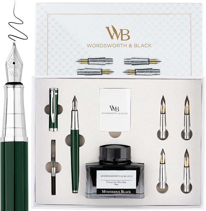Wordsworth & Black Fountain Pen Gift Set, Includes Bottle, 6 Cartridges, Refill Converter, 4 Replacement Nibs, Premium Package, Journaling, Calligraphy, Smooth Writing Pens [Green Chrome]