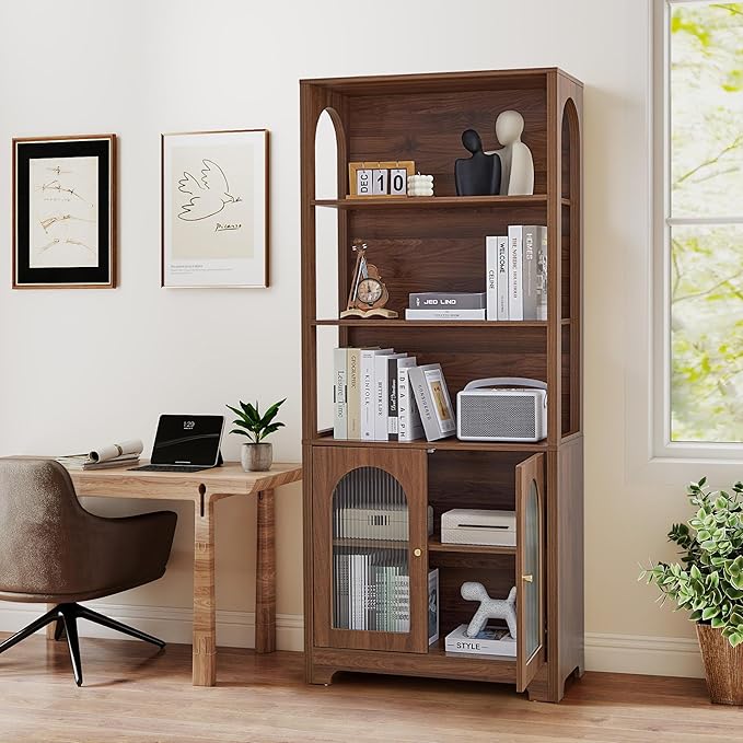 RARZOE 71" Tall Bookshelf and Bookcase, 5-Tier Arched Bookshelf with Glass Doors, Floor Standing 5 Shelf Book case, Wood Display Cabinet Storage Organizer for Living Room, Bedroom, Office(Walnut)