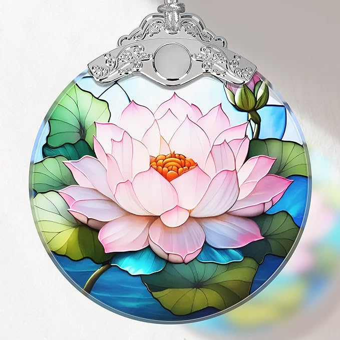 Lotus Stained Glass Ornament - Christmas Tree Decorations, Lotus Ornaments for Christmas Tree, Holiday Presents
