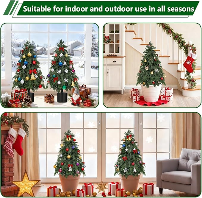 3FT Artificial Topiary Tree with Pot, 2 Pack Fake Evergreen Tree for Porch, Artificial Plants for Outdoor Christmas Home Garden Decor