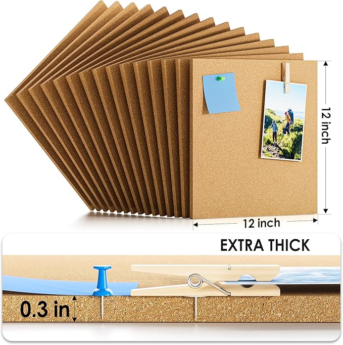 MaxGear Large Cork Board for Wall 60" x 36", 15 Pack Cork Board Tiles with 40 Pushpins & Safe Removable Adhesive Tabs, 12" x 12" Corkboards for Office, School, Home