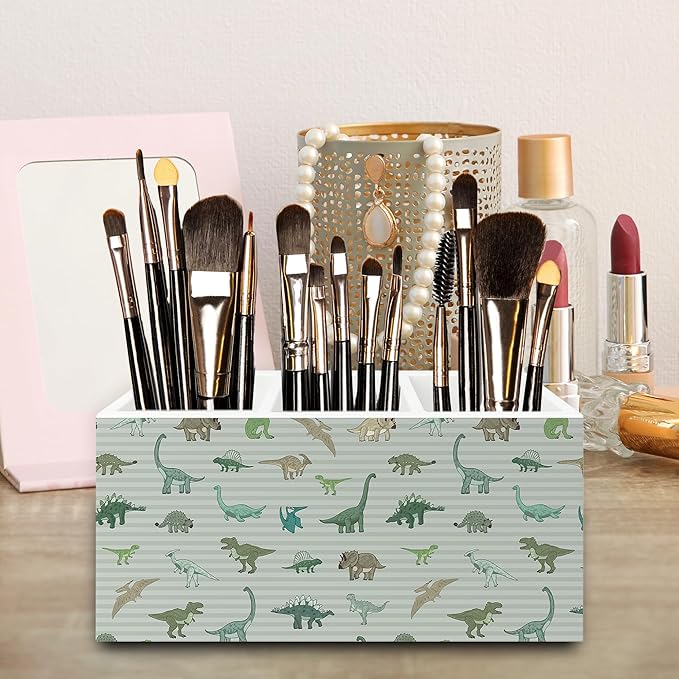 Dinosaur Gifts Pen Pencil Holder Organizer for Desk, Dinosaur Gifts for Boys Kids, Dino Striped Wooden Box Signs Decorations for Home Classroom Kids Boys Room Bedroom Desk Tabletop