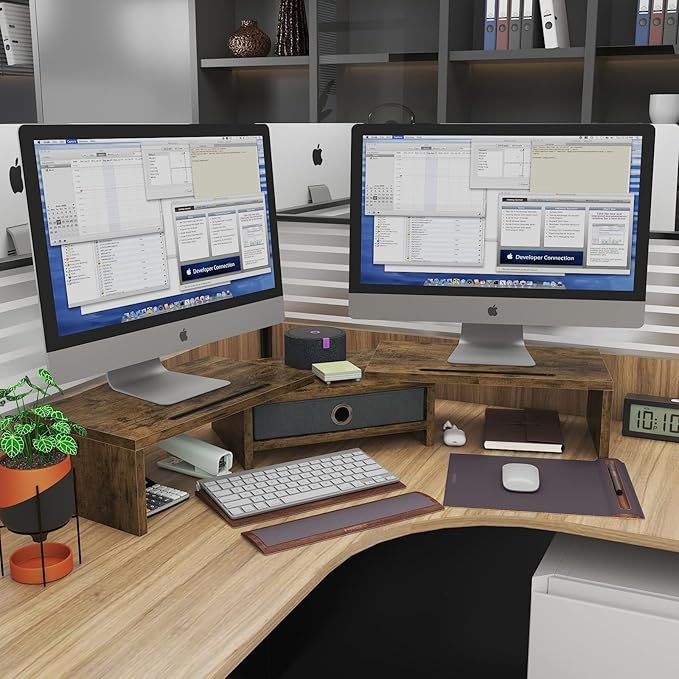 WESTREE Dual Monitor Stand Riser with Drawer, 3 Shelf Computer Monitor Riser with Adjustable Length and Angle, Desktop Monitor Stand Riser Storage Organizer for 2 Monitors